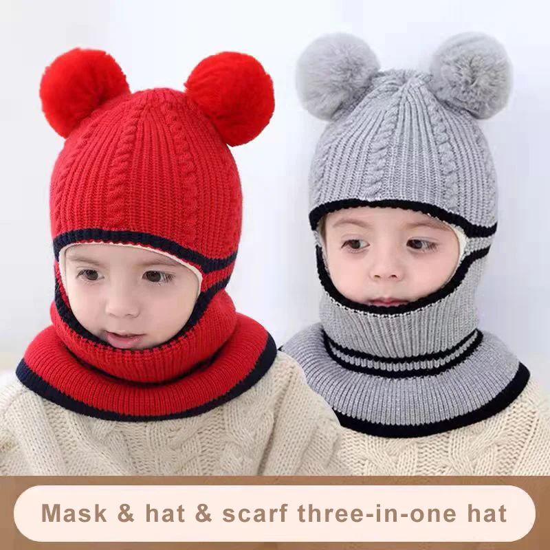 

New Arrival Winter Kids Plus Fleece Hats Thick Warm Knitted Cap For Child Outdoor Girls Boys Face Cover Hairball Bib Mask