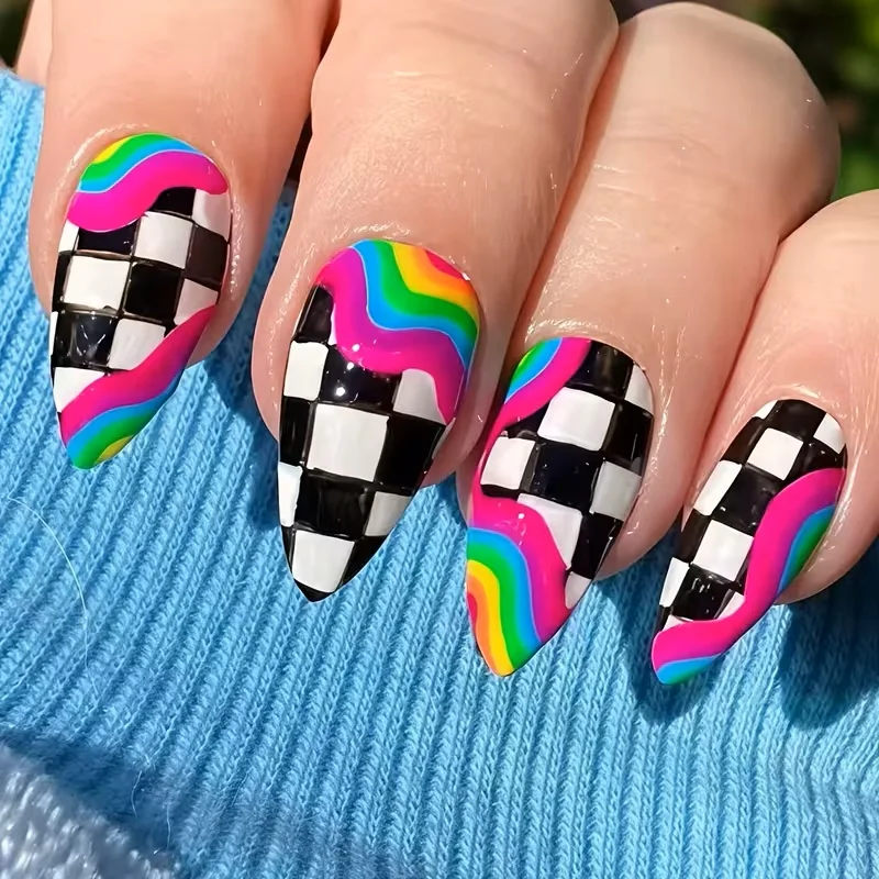 24pcs Almond Shaped Press-On Nails Suitable for Hands&Feet Short Almond Black&White Checkerboard with Neon Fake Nails for Women