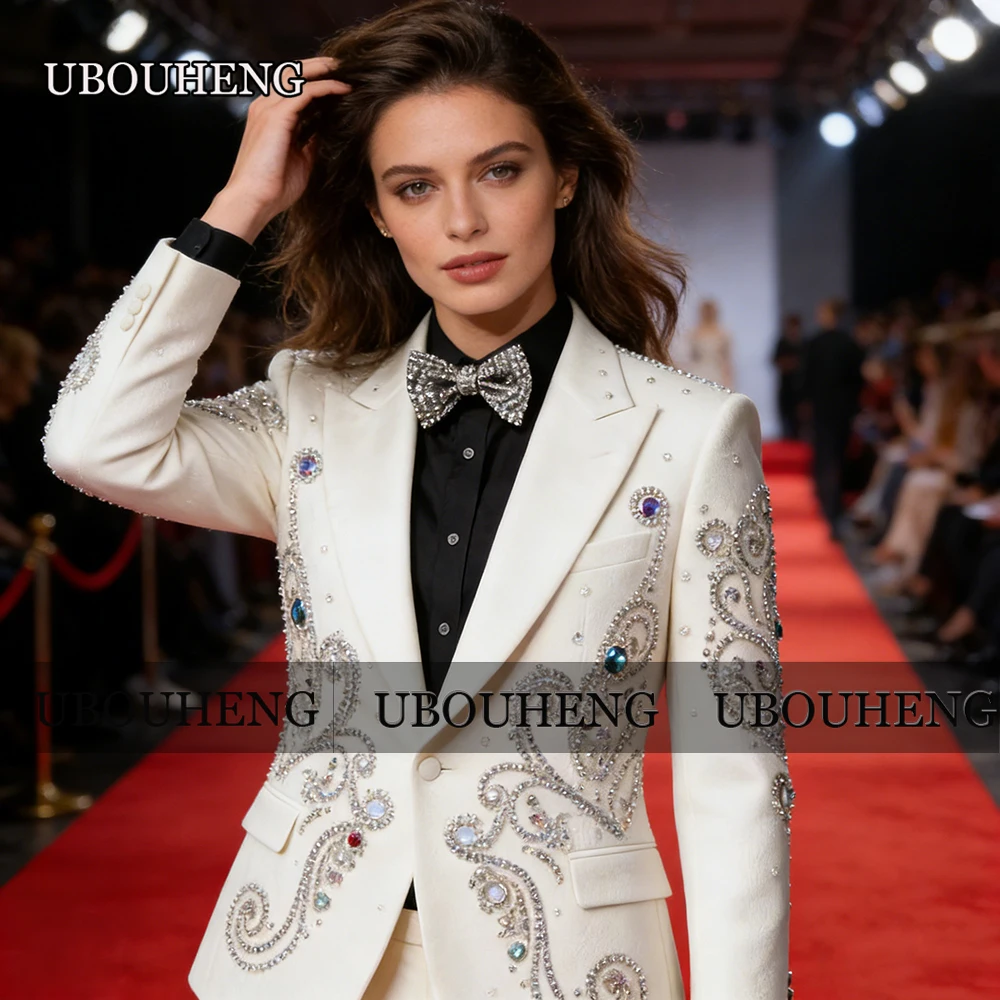 Luxury Rhinestones Beaded Suits Women 2 Pieces Bride Mother Dress Customized Single Breasted Lady Blazer Business Tuxedos Attire