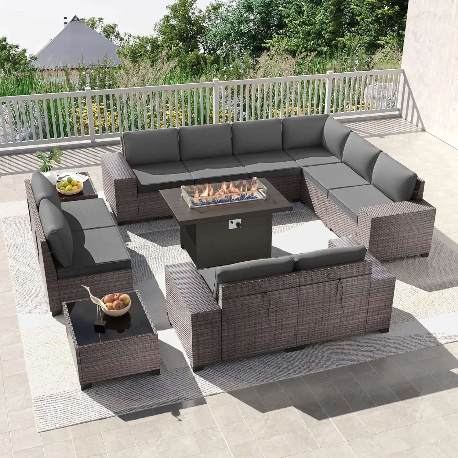 

13 Pieces Outdoor Patio Furniture Set with 43" Metal Gas Propane Fire Pit Table PE Wicker Rattan Sectional Sofa Patio