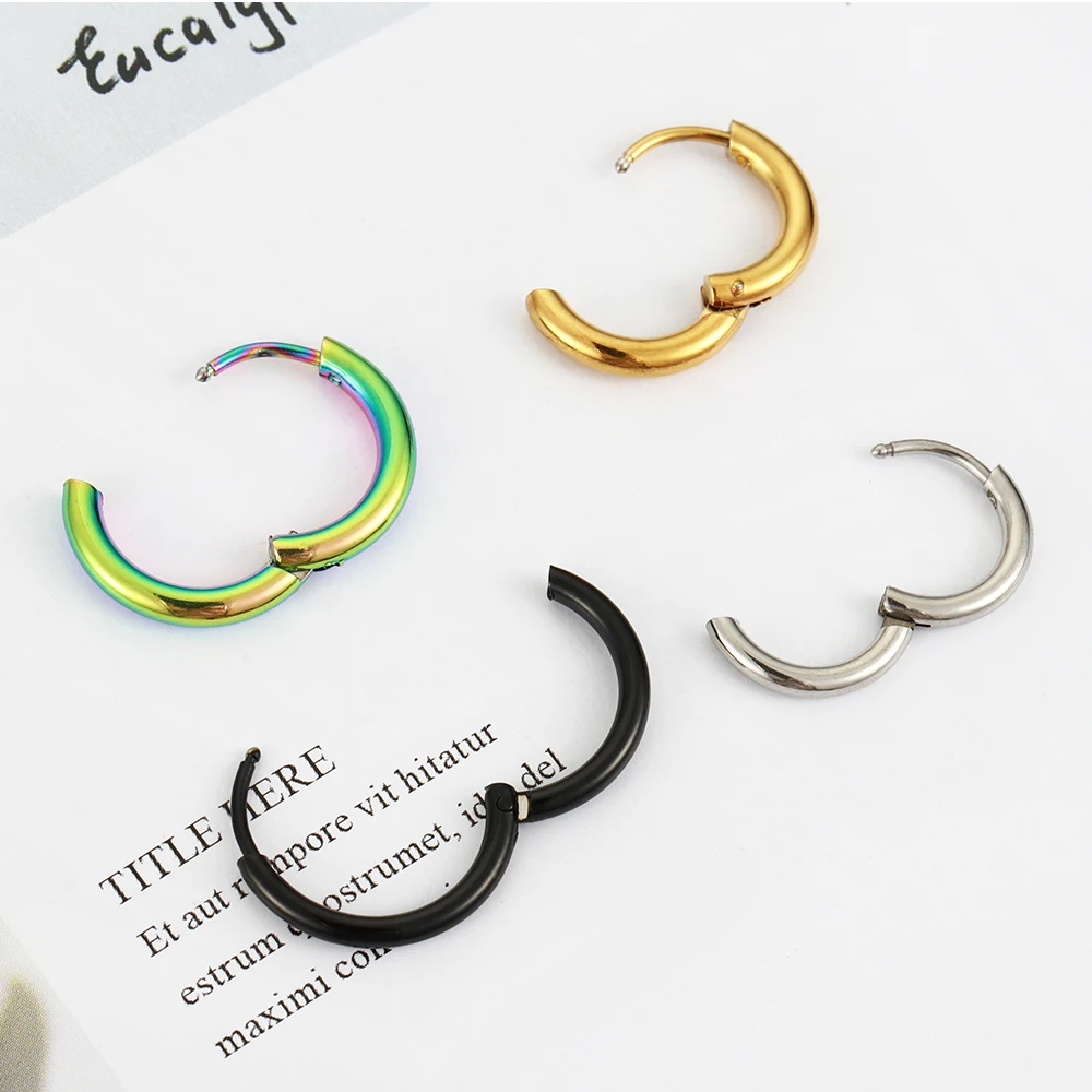 Pendientes de aro de acero inoxidable para hombre y mujer, aretes de 2,0mm y 2,5mm, Color dorado, negro, círculo redondo, venta al por mayor, 10