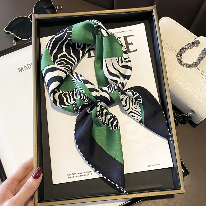 New Korean Green Zebra Pattern 70 Square Twill Mulberry Silk Scarf Women's All-Matching Western Style Business Wear