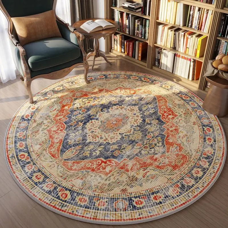 VIKAMA Vintage Persian Oriental Floral Circular Area Rug Short Pile Non Slip Soft Carpet Living Room Bedroom Home Office Decor