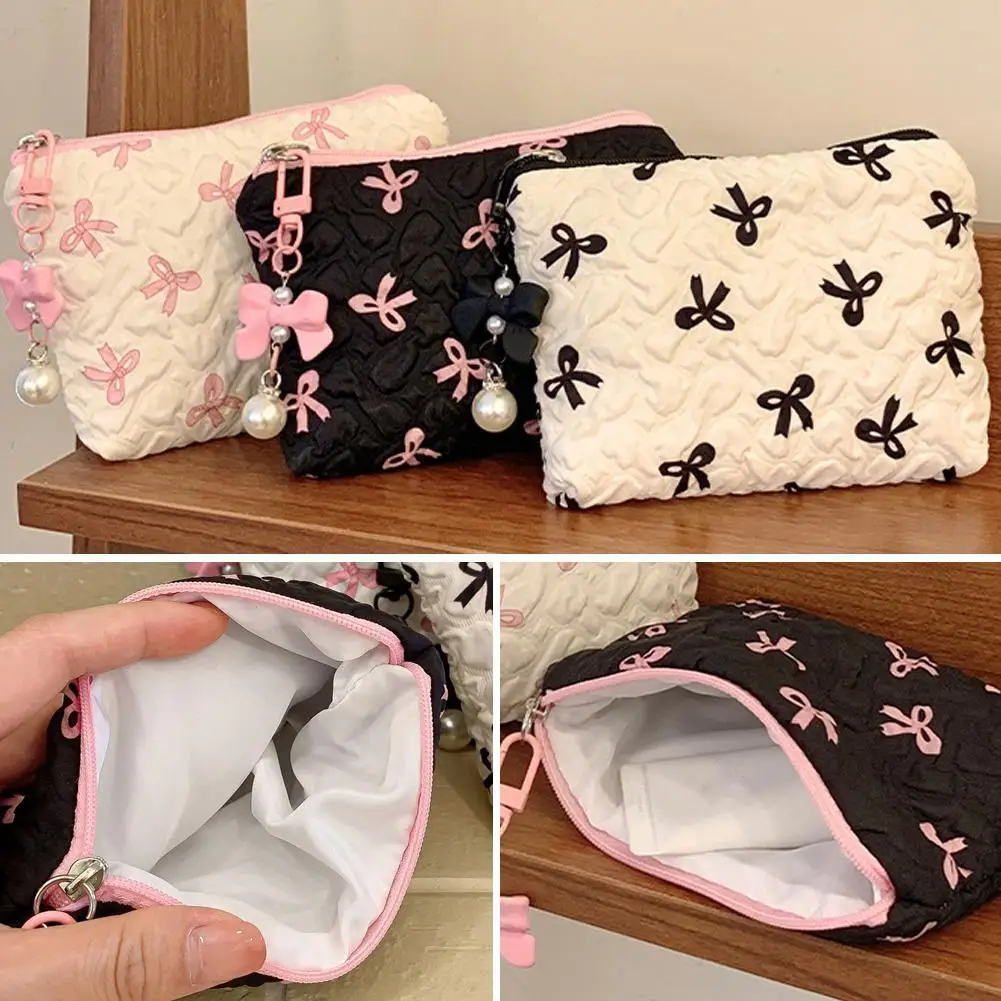 Women's Makeup Bag Pink Bow Large Capacity Lipstick Cushion Phone Storage Bag Handheld Bag Cosmetic Portable Mobile Air C1Y9