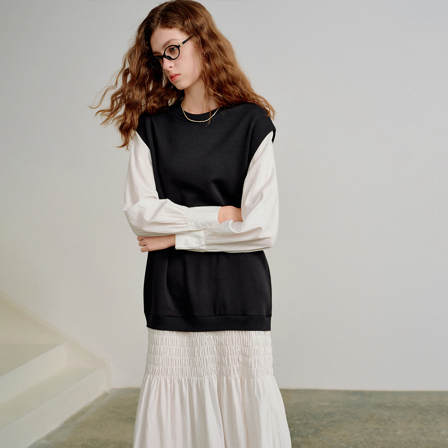 TOYOUTH فساتين النساء 2026 ربيع جديد أسود أبيض الربط وهمية قطعتين Smocked أنيقة الشكل الاغراء ميدي فستان #2