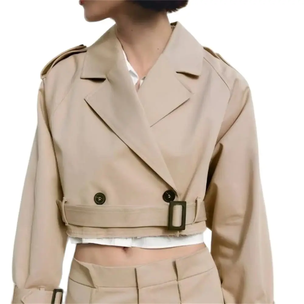 

Khaki Cropped Trench Women Long Sleeves Cropped Design Jacket Chic Lady High Street Casual Loose Coats Top Female 2024 New