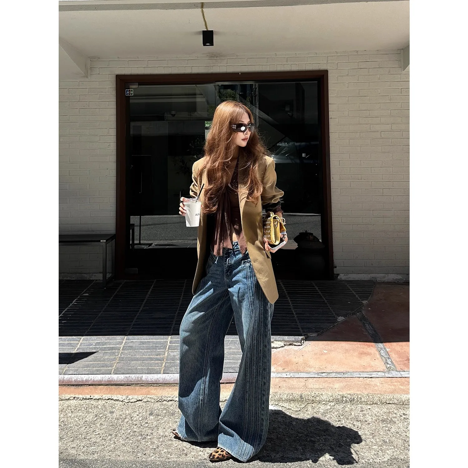 Vaqueros azules degradados para mujer Y2K Vintage pantalones vaqueros de talle alto ropa de calle recta pantalones vaqueros de pierna ancha grandes sueltos