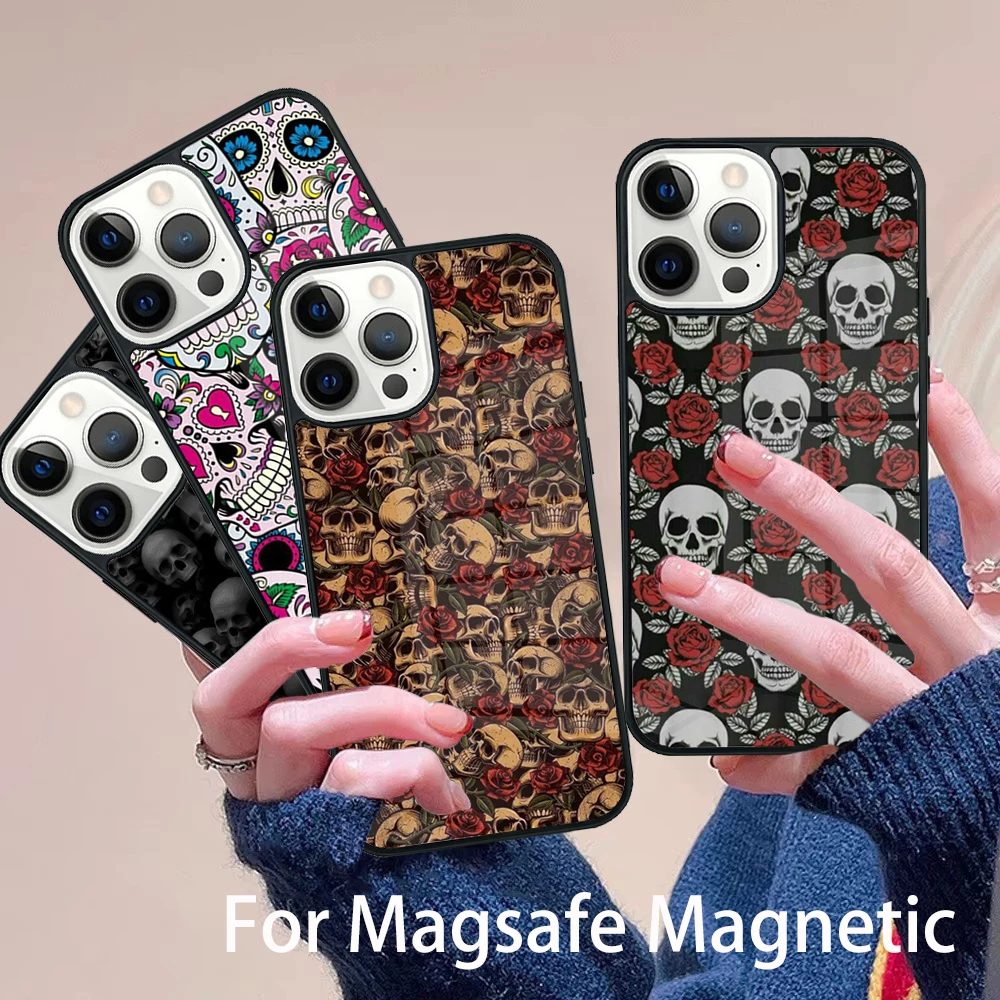 

Gothic Skull Phone Case Magesafe Magnetic Wireless Charge Cover For IPhone 16 11 12 13 14 15 Pro Max Plus Mini