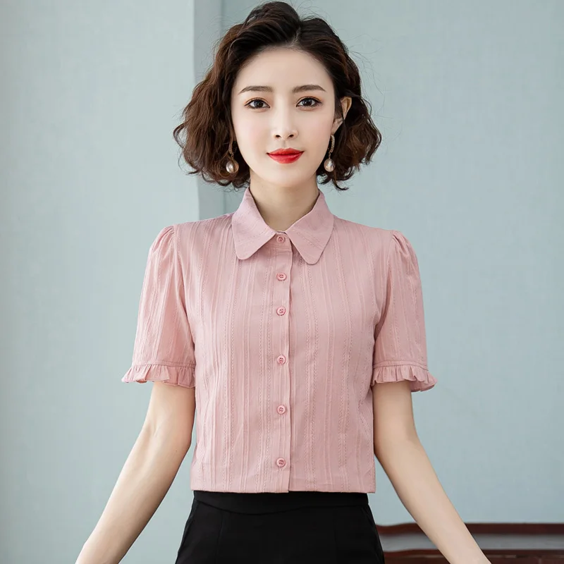 Women'S Summer New Korean Fashion Short Sleeved Shirt Flip Collar Cotton Versatile Professional Commuter Solid Color Top Female