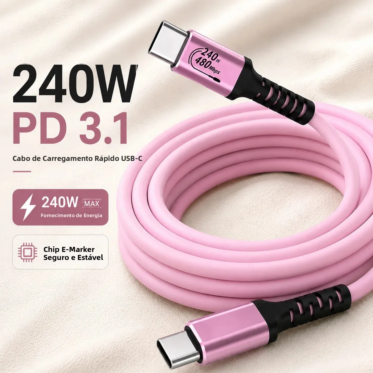 Cabo USB-C para USB-C 240W PD 3.1 Carregamento Rápido, Cabo TPE Rosa para MacBook, iPhone 15/16/17, iPad Pro, Galaxy S24