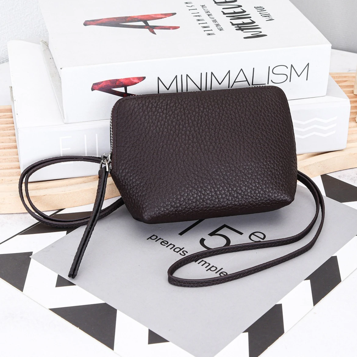 Small Minimalist Leather Coin Purses for Women, Zipper Neck Hanging Coin Pouch Water Resistant Travel Lanyard Zero Wallet