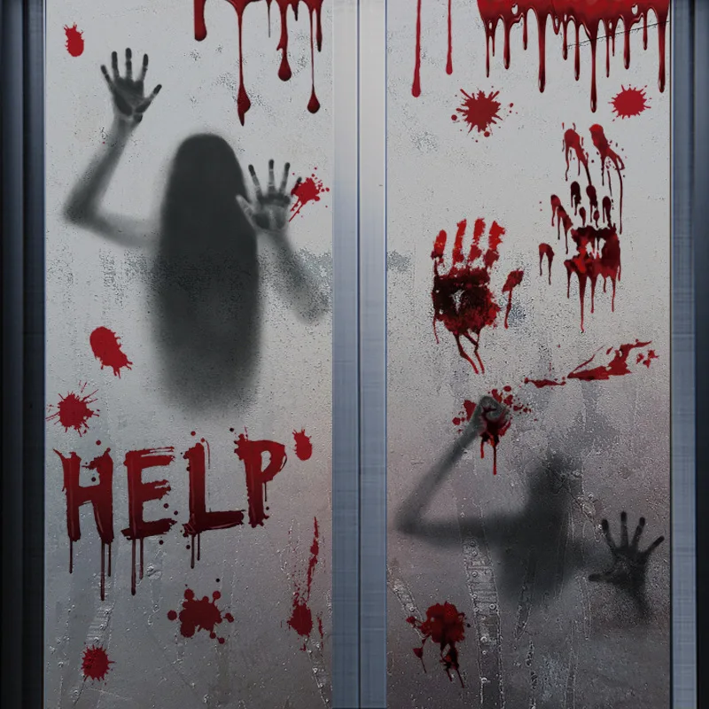 Halloween Blood Handprint Electrostatic Sticker HELP Ghost Shadow Horror Window Glass Sticker Happy Halloween Day Decor 2026