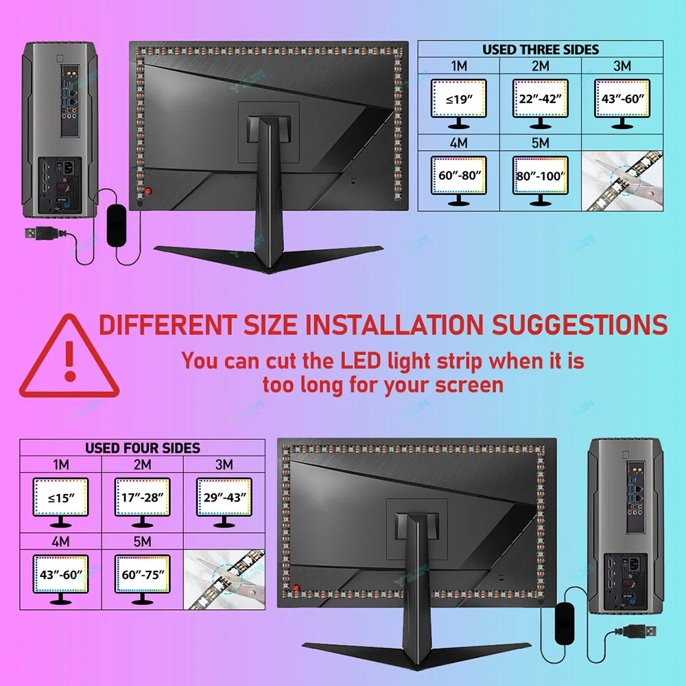 Immersive RGBIC LED Strips PC Background Computer Light Strip USB 5V Monitor Screen Color Sync Smart Control Ambient Decor Lamp