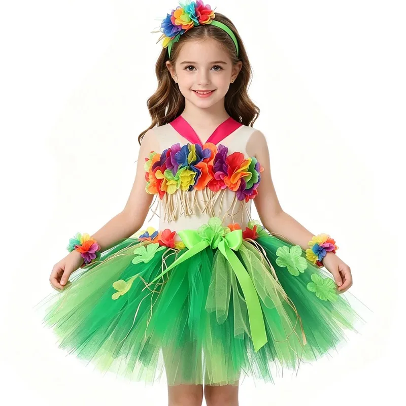 

Little girls' Hawaiian hula dance performance costumes, fluffy flower tulle tutu skirts matched with tops, kids party outfits