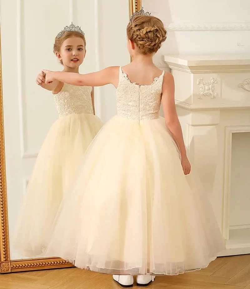 Customized Flower Girl Dresses for Wedding Applique Mini Puffy with Bow Tailing Sleeveless Party Kids Birthday Princess Gowns