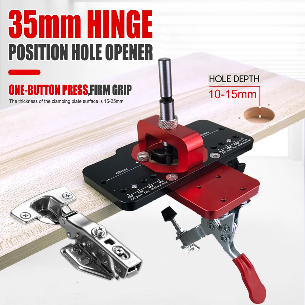 

Aluminum Alloy 35MM Hinge Boring Hole Drill Guide Hinge Jig with Clamp For Woodworking Cabinet Door Installation Woodwork Tools