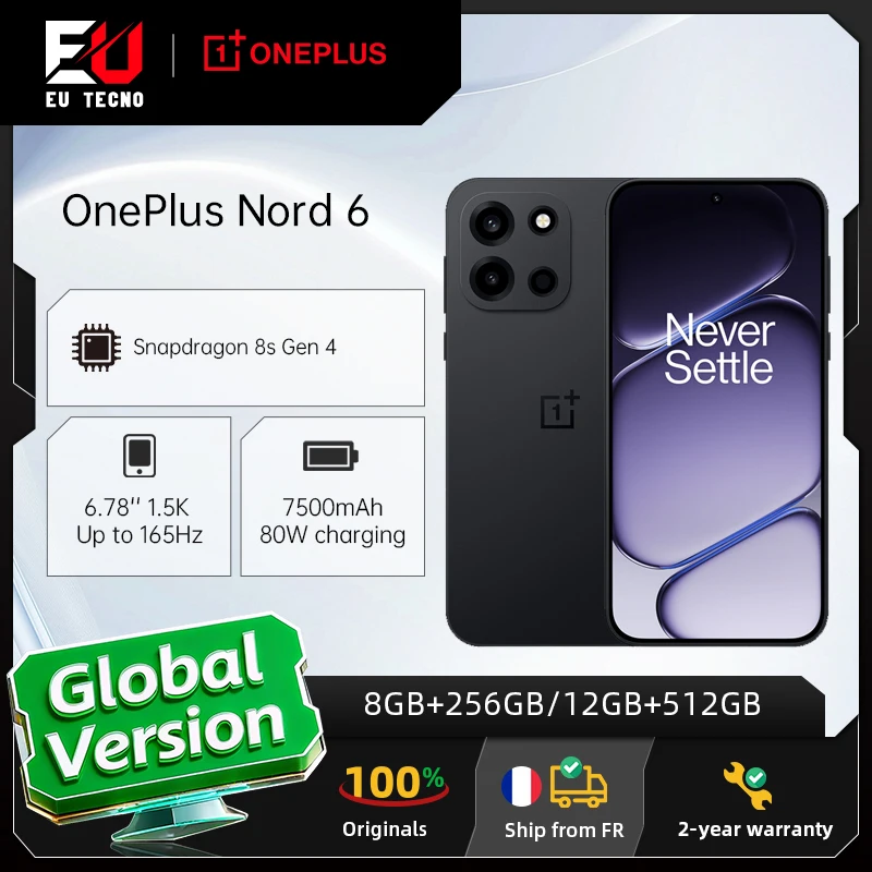Nouveau smartphone OnePlus Nord 6 5G 2026 : 8 Go + 256 Go / 12 Go + 512 Go, Snapdragon 8s Gen 4, 165 Hz, 7 500 mAh, IP69/IP69K, version internationale