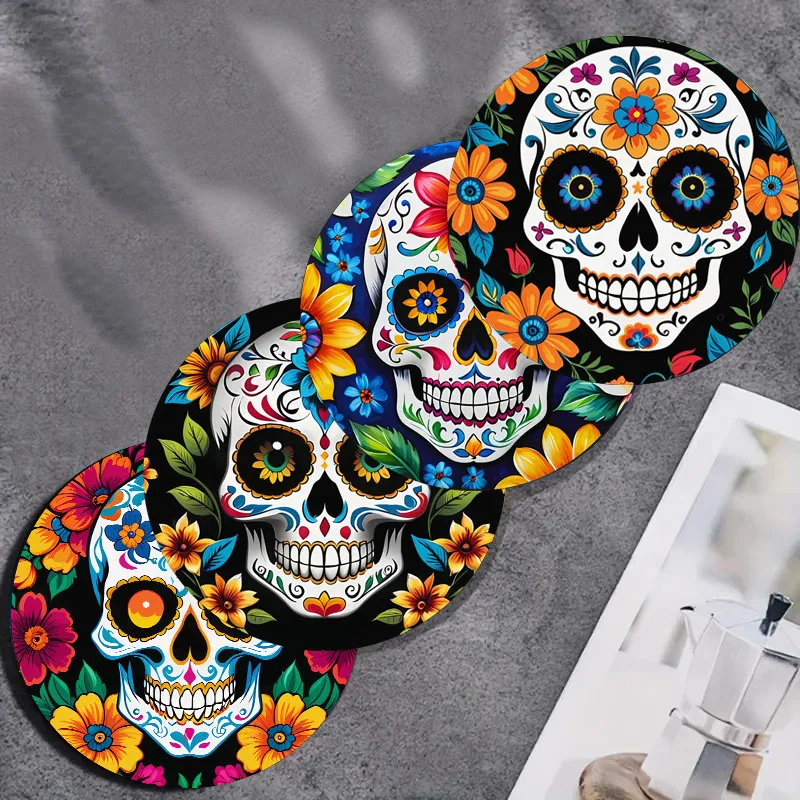 

4 pieces of skull printed coasters, suitable for daily family party decoration, office, non-slip wooden coasters, holiday gifts