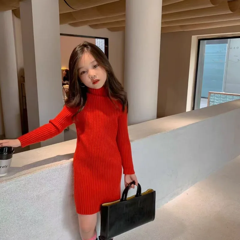 Premium Korean inspired Winter Dress for Girls 2025 New High neck Mid length Turtleneck Sweater Dress with Layered Skirt Cozy