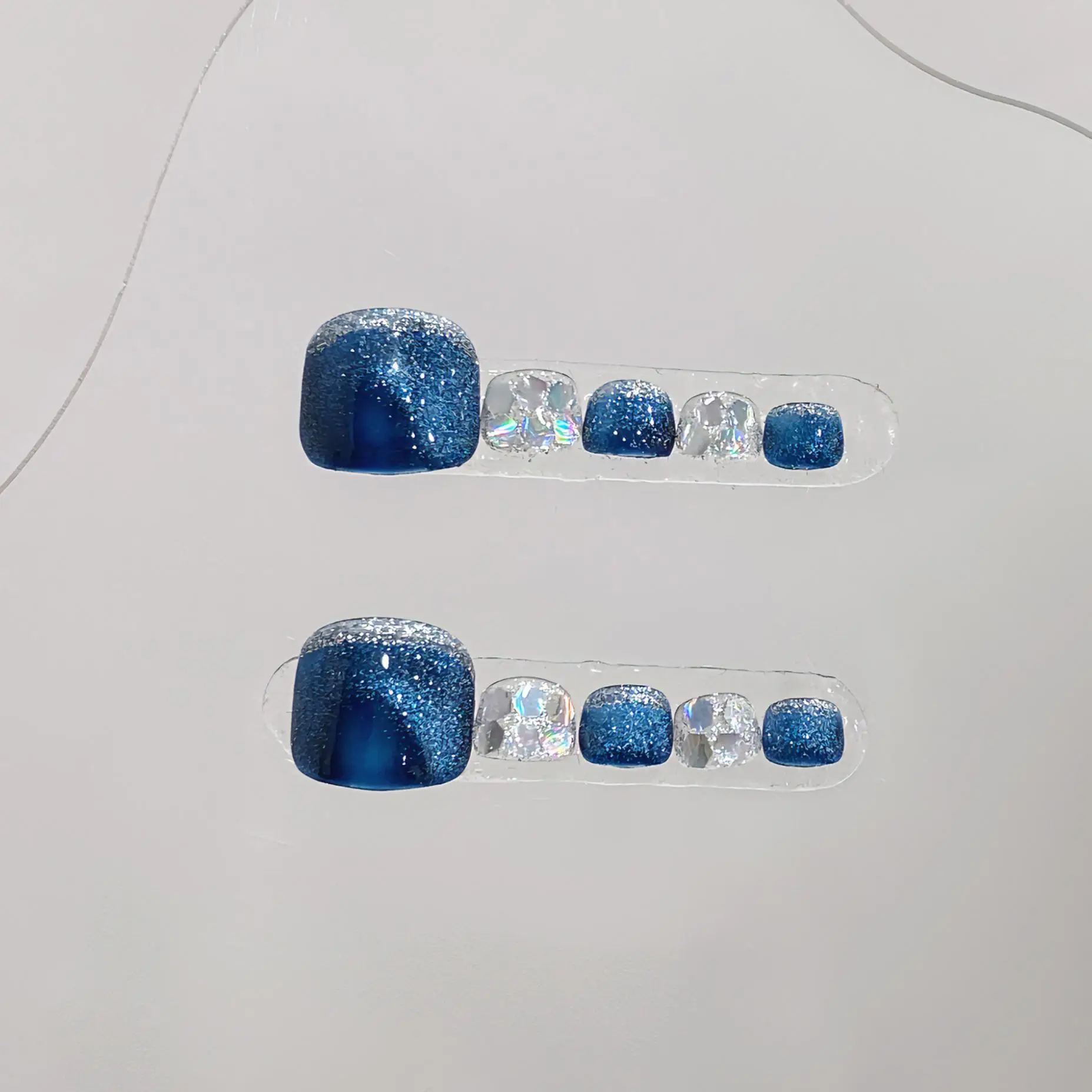 10pcs Pure Hand Pressed Foot Nail,Beautiful Fake Toenails,Dark Blue Cat's Eye With Broken Diamonds,Suitable For Women
