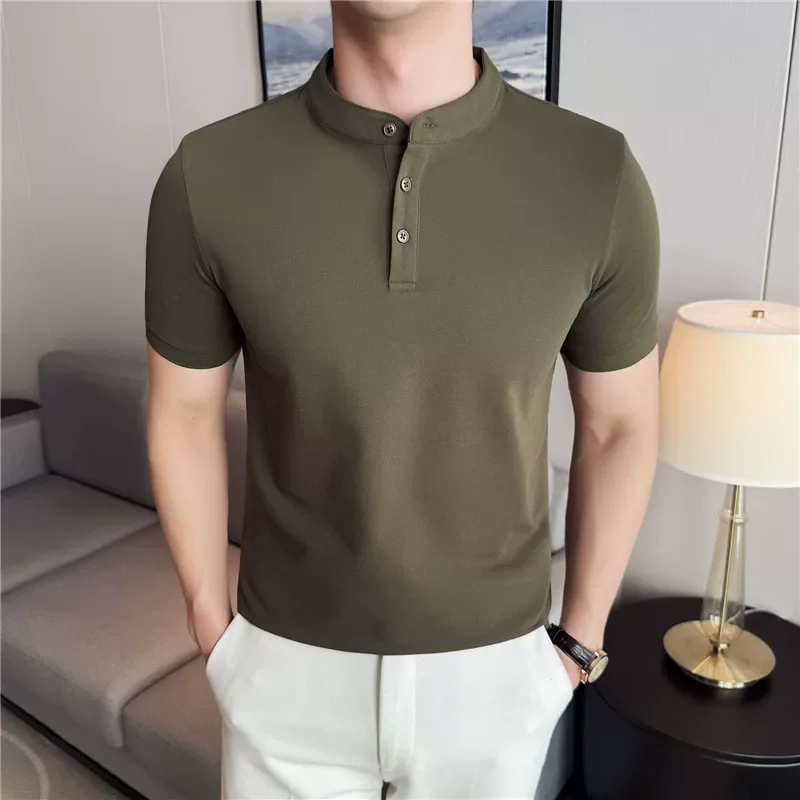 New Chinese Style Stand Up Collar Polo Shirts Summer Thin Solid Color Casual Short Sleeved Slim Fit Elastic T-shirt Men Clothing