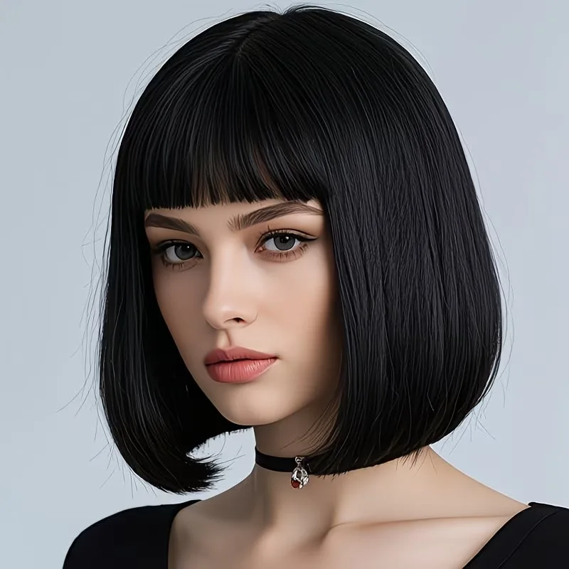 Black short bob wig with straight bangs High-temperature fiberboboFull head wig with middle-parted bangs