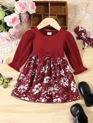 3-24 Months Baby Girls' Casual Elegant Lady's Floral Print Pit Strip Bow Batwing Sleeve Dress + Headwrap