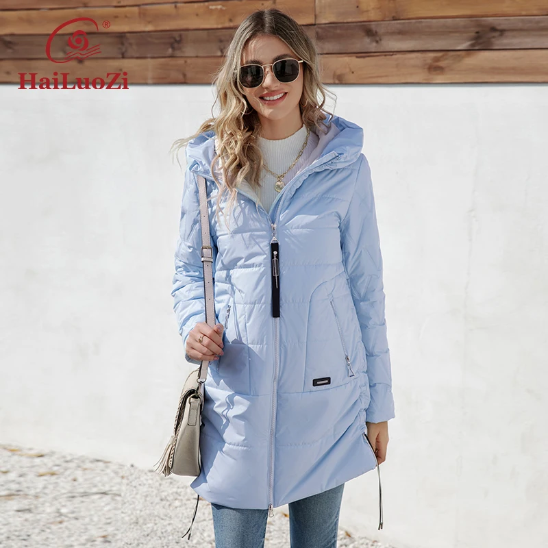 HaiLuoZi 2023 New Spring Women\'s Coat Mid-Long Thin Cotton Slim Parkas Slant Pockets Hooded Zipper Style Women Jacket 7063