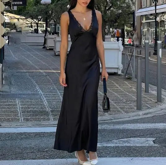 

Women Dresses 2026 Spring Summer New Fashionable and Sexy Lace Patchwork Deep V-Strap Slim Fit Backless Long Dress