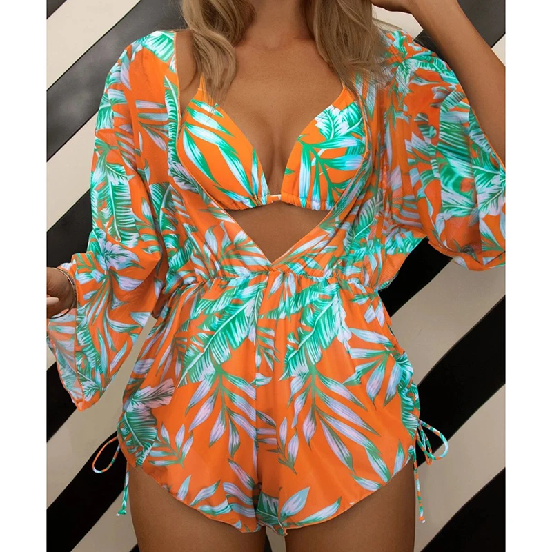 Fashion Micro Bikini Women's Print 3 Piece Sexy Lace Up Triangle Halter Bikini Push Up Bodysuits Beach Cover Up Casual Swimsuit