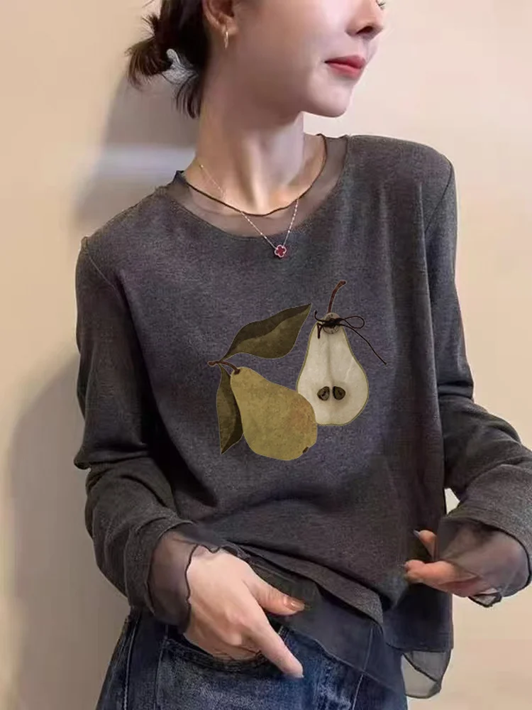 Fashionable Long Sleeve T-Shirt Women's Base Shirt Korean Style Lace Trim Slimming Top Commute Style Creative Pattern