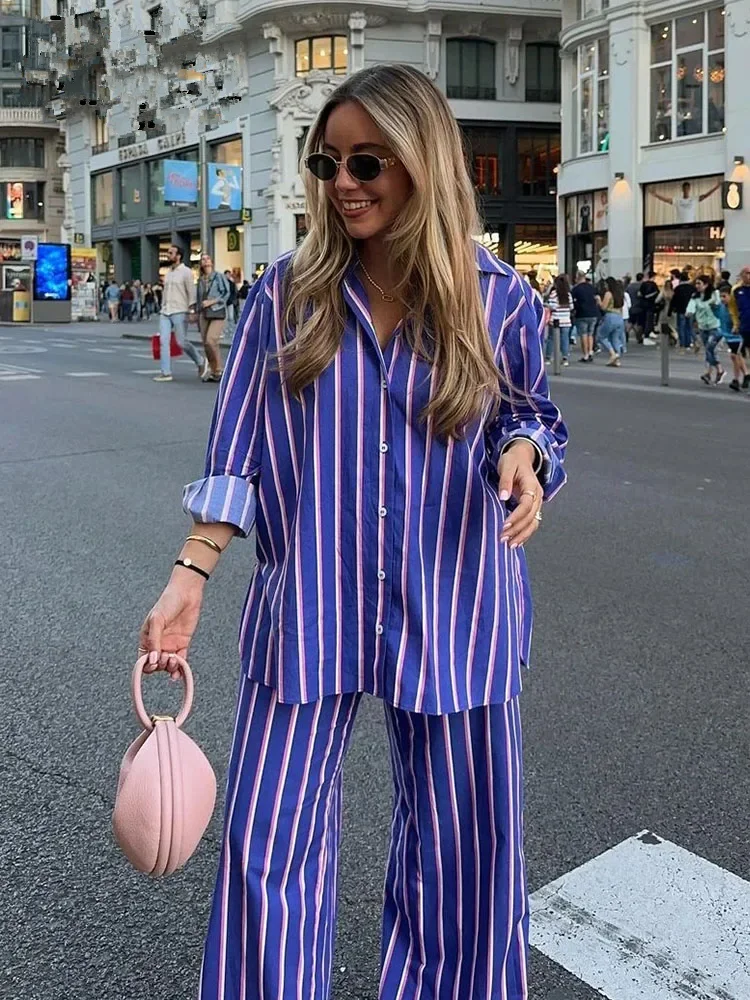 Women\'s Striped Long Sleeved Shirt Top Commuter Versatile Elastic High Waist Straight Leg Pants 2 Pieces Set Women Casual Outfit