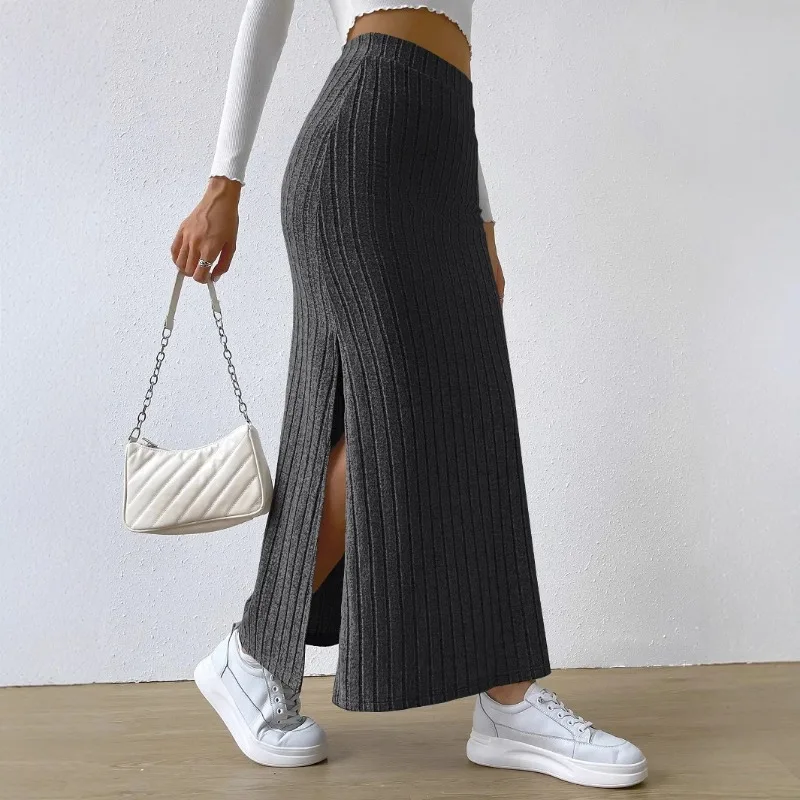Solid Color Long Skirt Striped High Waist Knitted Maxi Skirt for Women Warm Slim Fit Ankle Length Sheath Skirt with Split Hem