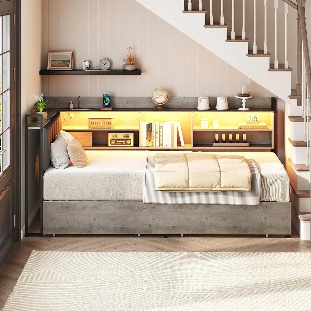 Bed Frame with Bookcase Storage and PU Upholstered, Twin Daybed with 2 Drawers and Charging Station, Metal Platform Bed F