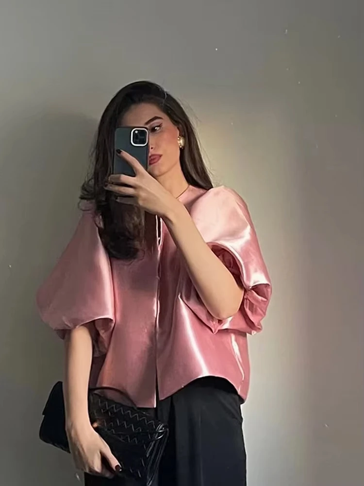

Solid Satin New Women's Blouse Top With Pouf Balloon Sleeve Spring Summer Female Sleeves O Neck Loose Short Shirt Female Blouses