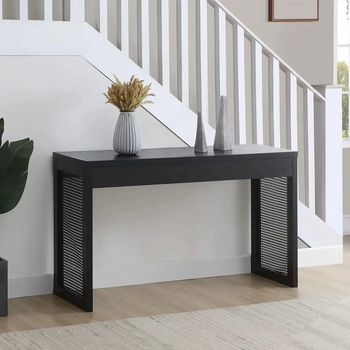 Vintage style solid wood woven rattan entryway counter living room wall-against entryway table sand simple design table
