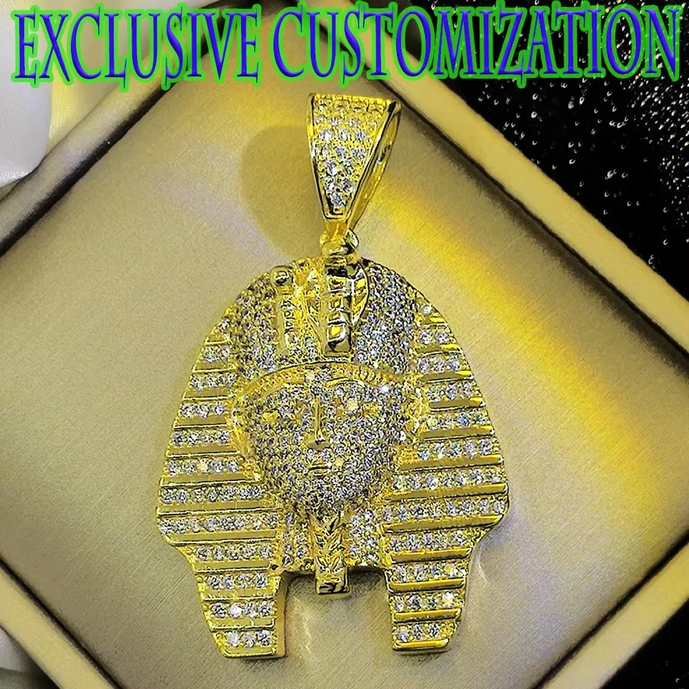 New Exclusive Customized Hip Hop Gold Necklace, Full Diamond Egyptian Pharaoh Pendant, 18K Gold Plated Classical Craft