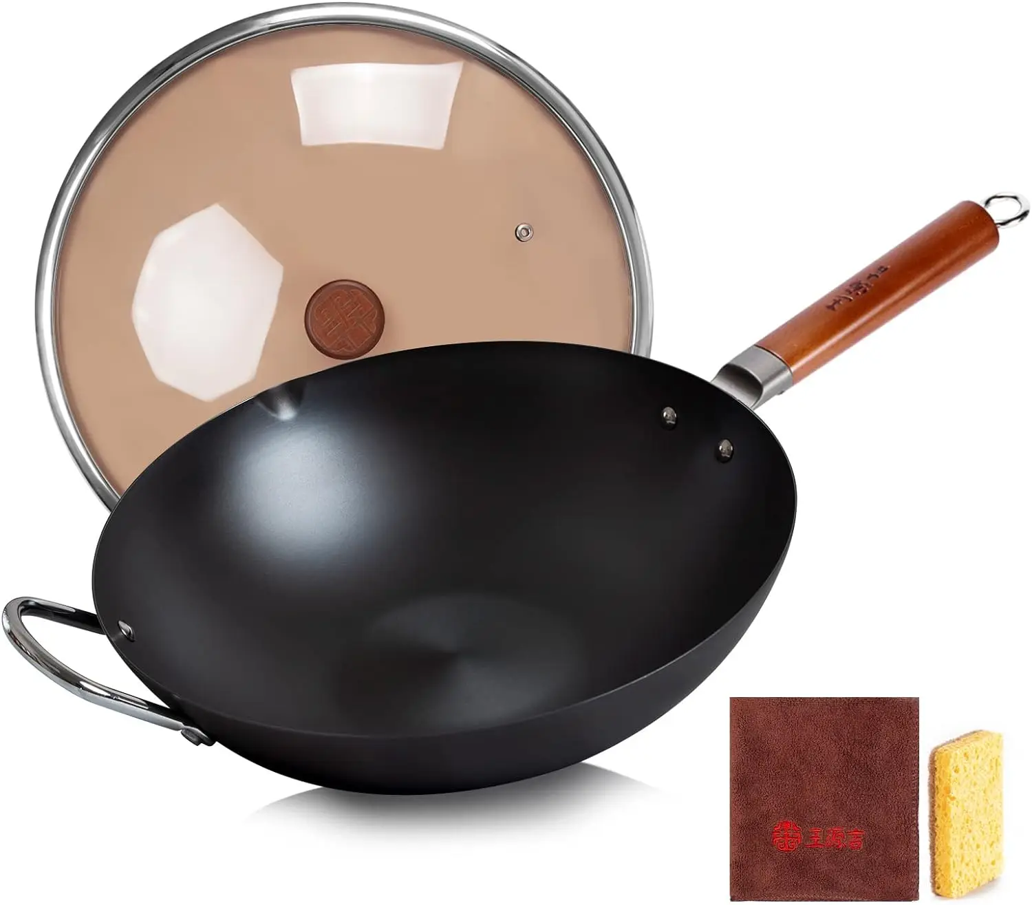 

WANGYUANJI Carbon Steel Wok,14.2" Wok Pan with Lid, Woks & Stir-Fry Pans No Chemical Coated Wok for Induction, Electric, Gas,