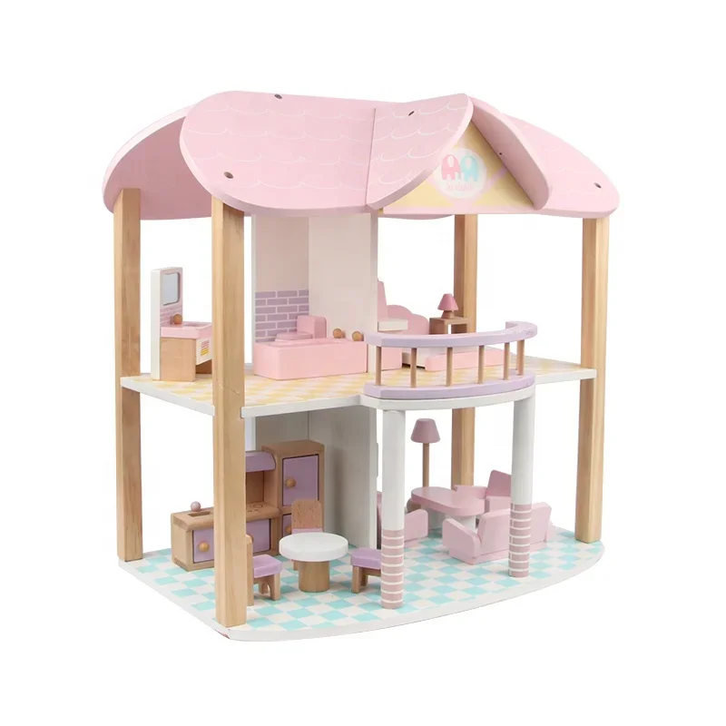 Custom Made Christmas Gift Toy Big Pink Wooden Mini American Girl Doll House Miniature Furniture for Wholesale