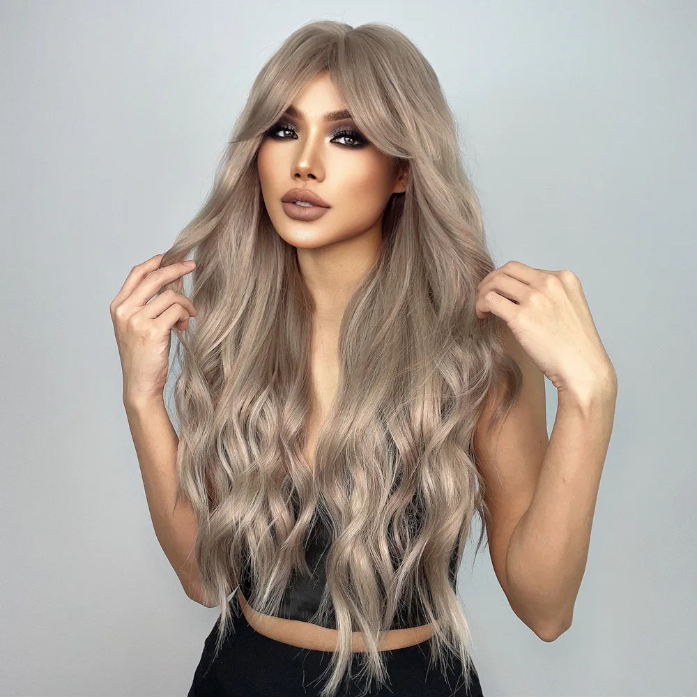 ALAN EATON Long Ash Blonde Wig for Women Synthetic Blonde Wave Hair Wigs with Bangs Natural Light Brown Daily Heat Resistant Wig