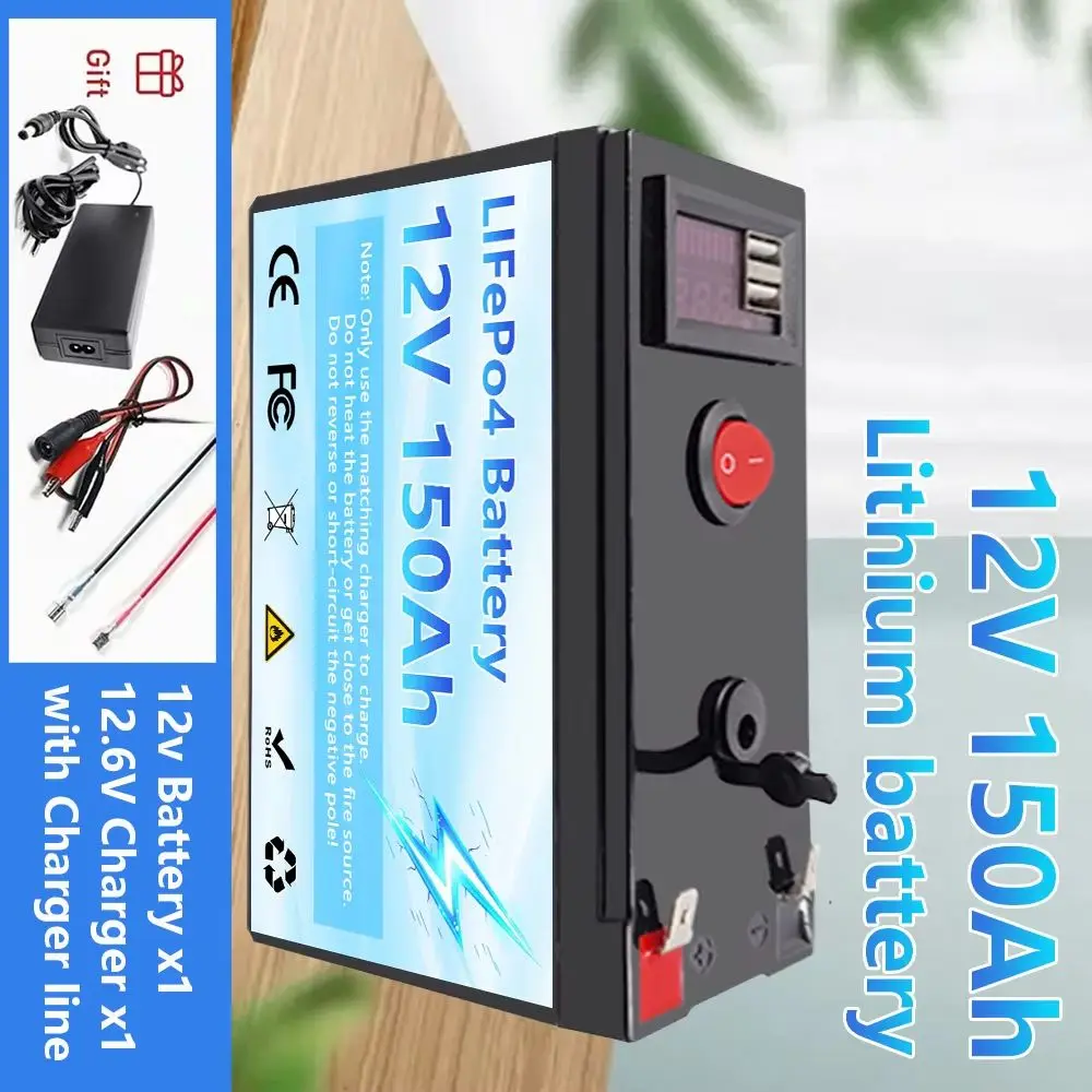 

【12V LiFePO4 150Ah Lithium Battery 】Deep Cycles,for Power Wheels Toys,Scooter,Kayak Fish Finder,Solar Panel+12.6V 3A Charger