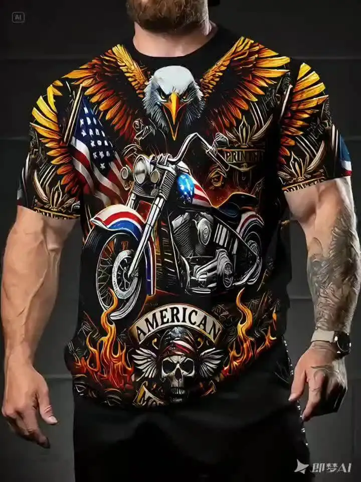 Herren American Eagle Motorrad-Print T-Shirt Lässiger O-Ausschnitt Kurzarm Vintage Biker Grafik-T-Shirt Streetwear Oberteil – Detail 8