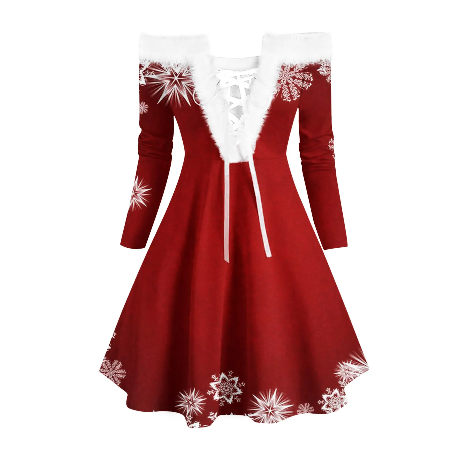 Robe de Noël à col moelleux pour femmes, manches longues, à lacets, robe d'été de Rh, robe rockabilly, vintage, initiée, élégante, fête de Noël