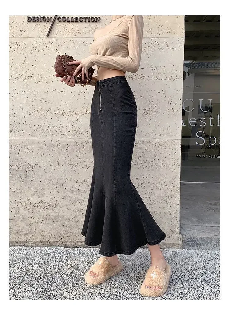 2026 Solid Slimming High Waist Midi A- Line Skirt Woman Trumpet Sides for Women Denim Half-length Skirt with Flounce