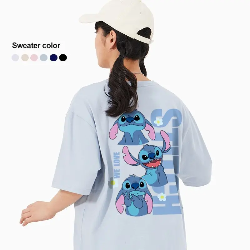 Kawaii Stitch Women T Shirt Cartoon Vintage Cotton T-Shirts Streetwear Soft Mineral Tees Girl Loose Anime Fashion Tops Y2K