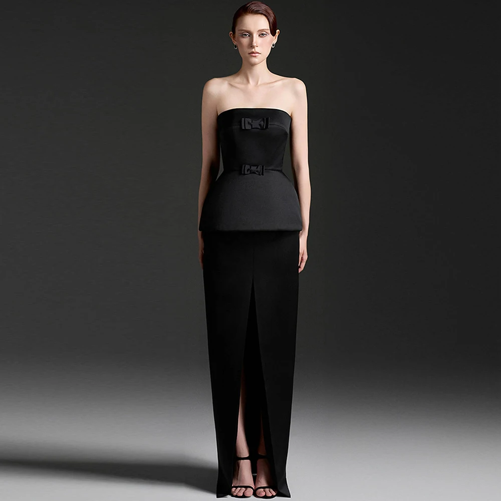 

Sexy Black Satin Evening Dress Graceful Straight Strapless Prom Dresses Fashion Bow Sleeveless Customized Special Occasion Gowns
