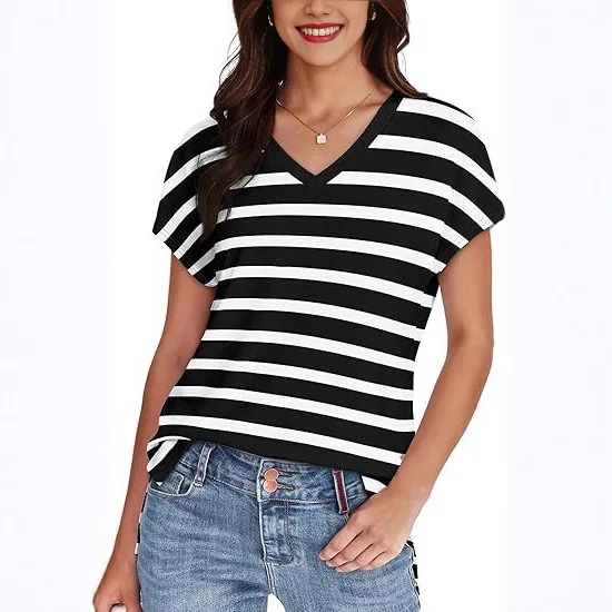 

2026 Women's New Trend V-neck Loose Japanese and Korean Casual and Comfortable Short-sleeved T-shirt Striped Tops for Women