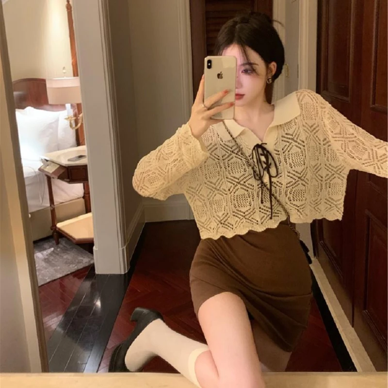 Women Two Pieces Sets Long Sleeve Knitted Crop Tops Hotsweet Turn-down Collar Irregular Mini Dress Pure Summer New Fashion 2024