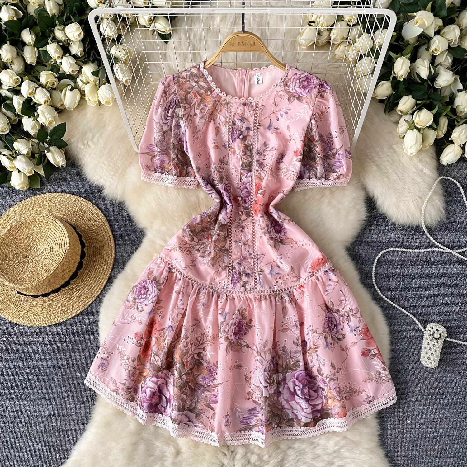 Sexy  Off Shoulder puff Short Sleeve  Lace PATCHWORK print Dress  Slim Women Party basics Beach Hip Wrap dresses