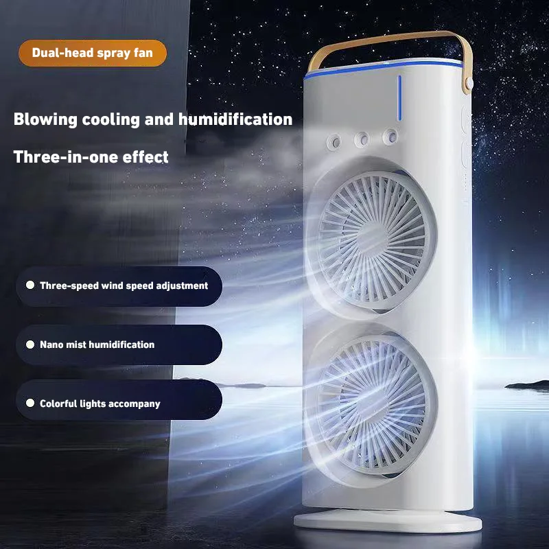 Ventilador de aire acondicionado de pulverización de doble cabeza, recargable/USB, ventilador de refrigeración portátil para el hogar, Mini ventilador eléctrico de escritorio con luz LED